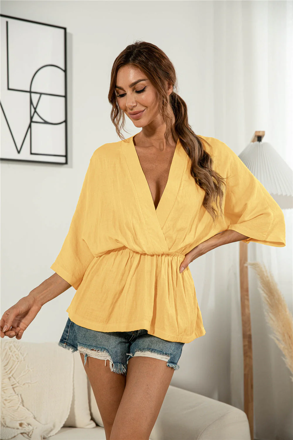 V-Neck Gathered Sunrise Blouse - Image 5