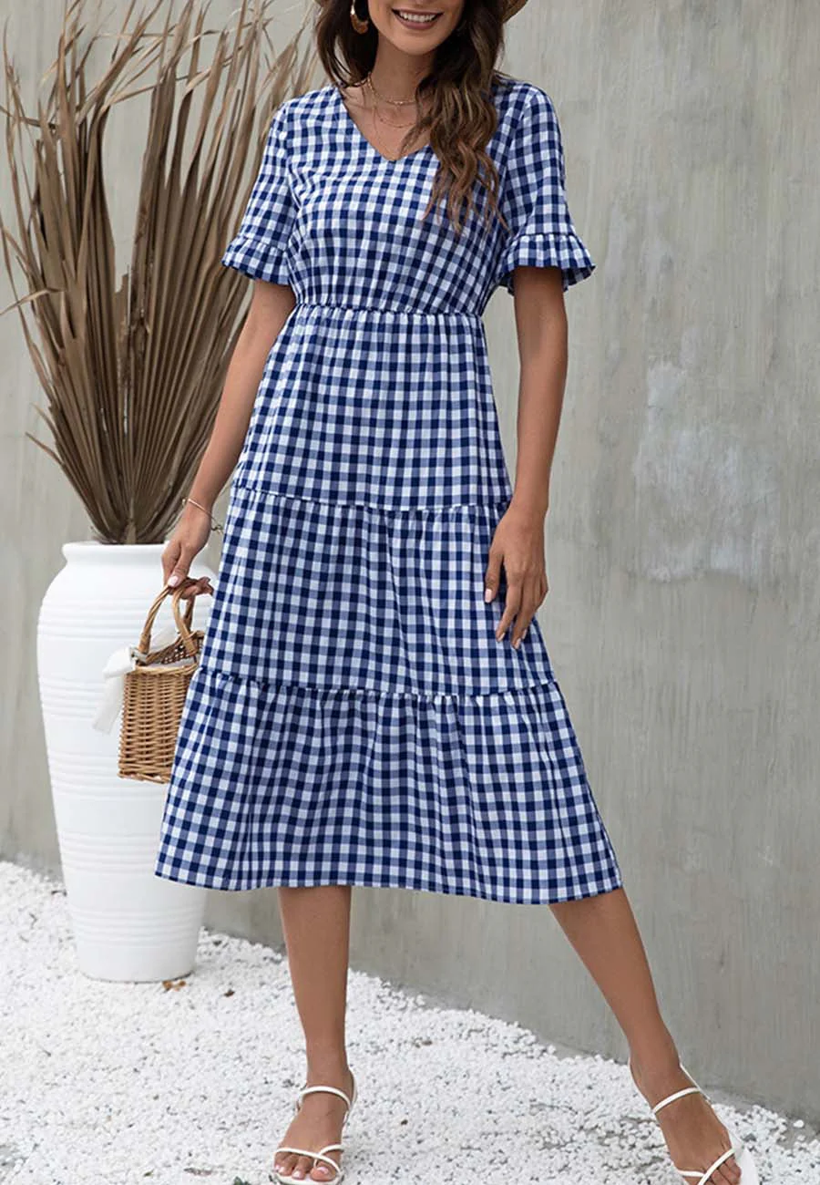 V Neck Gingham Tiered Dress - Image 10