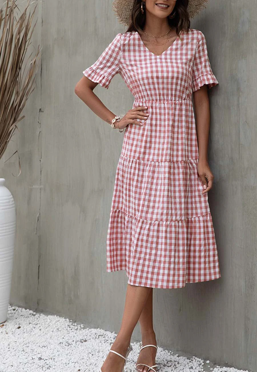 V Neck Gingham Tiered Dress - Image 15