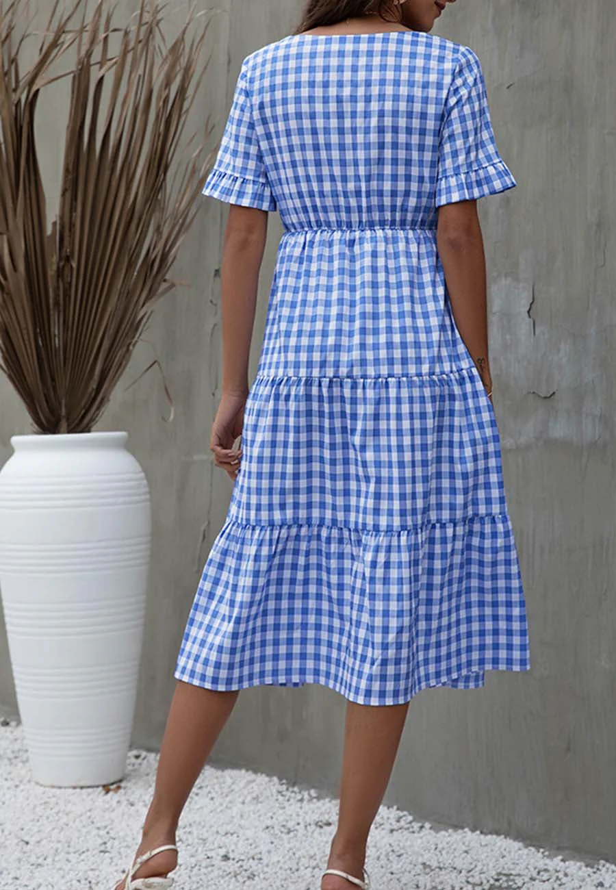 V Neck Gingham Tiered Dress - Image 4