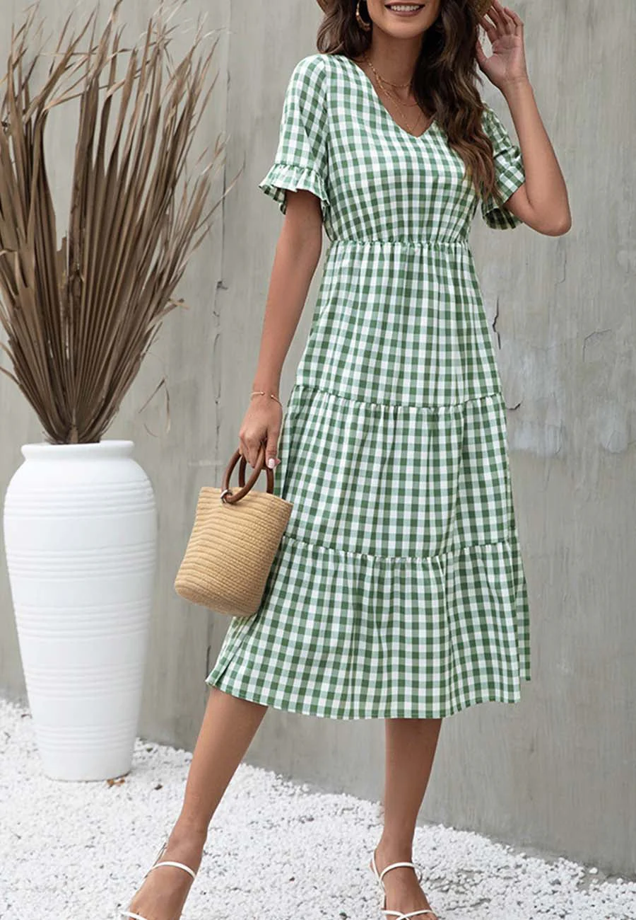 V Neck Gingham Tiered Dress - Image 7