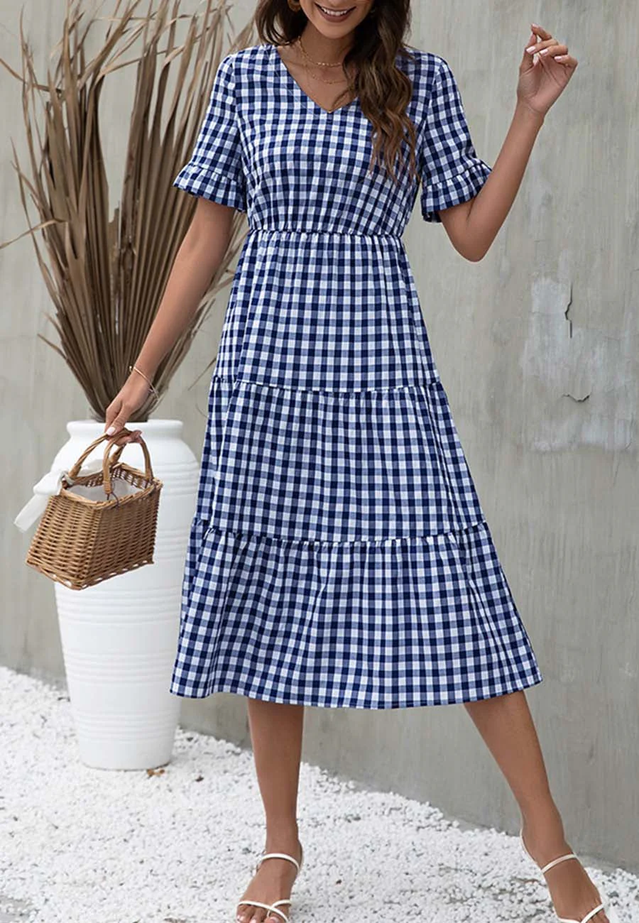 V Neck Gingham Tiered Dress - Image 9