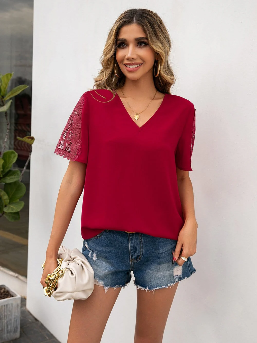 V Neck Lace Detail Blouse - Image 4