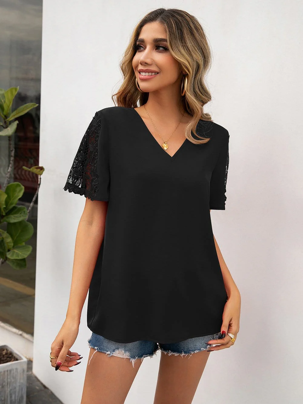 V Neck Lace Detail Blouse - Image 6