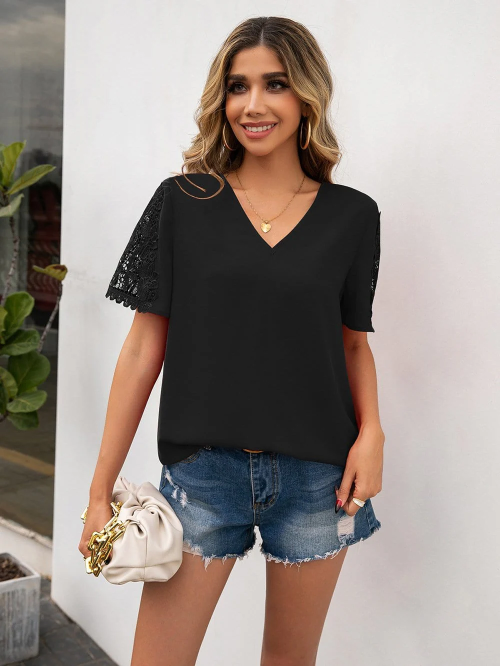 V Neck Lace Detail Blouse - Image 8