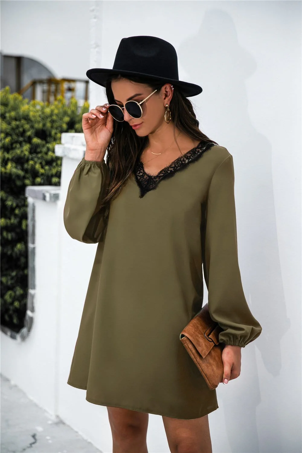 V Neck Lace Trim Dress - Image 14