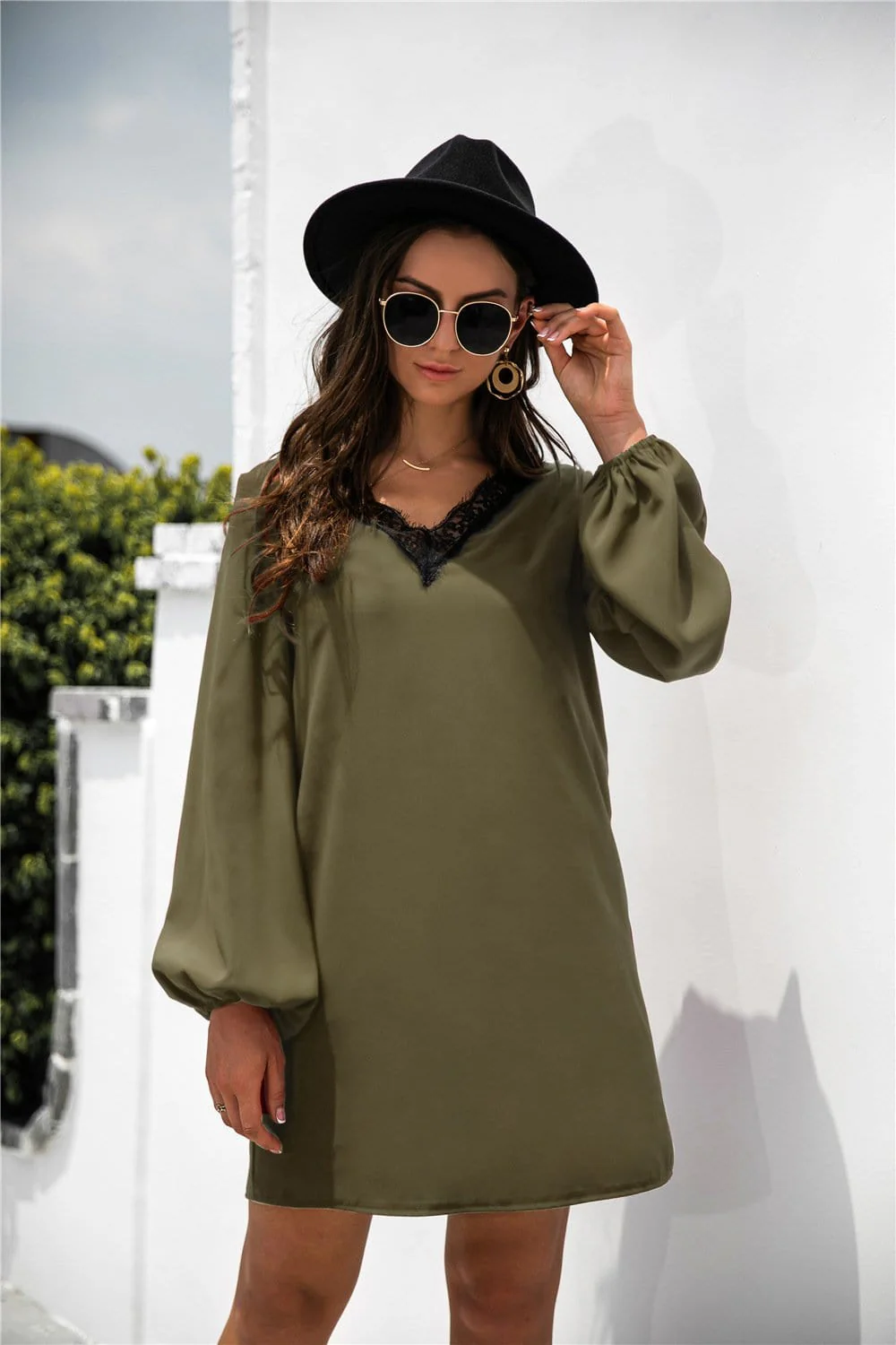 V Neck Lace Trim Dress - Image 15
