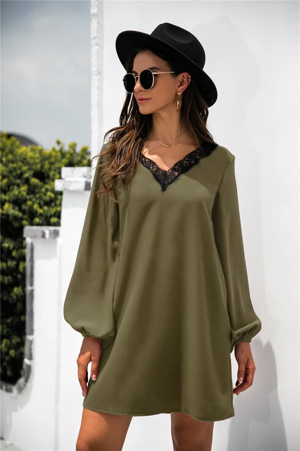 V Neck Lace Trim Dress - Image 16