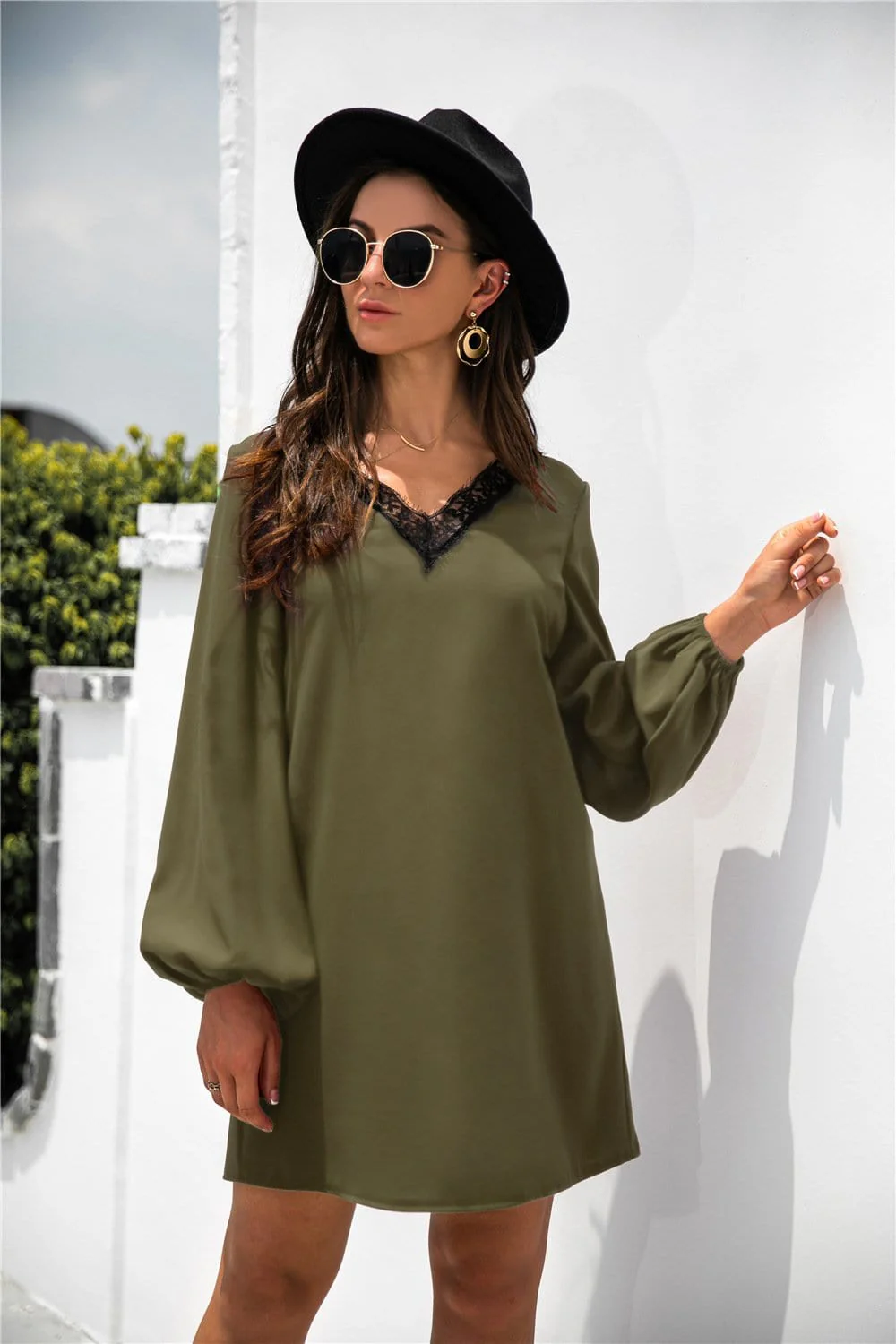 V Neck Lace Trim Dress - Image 17
