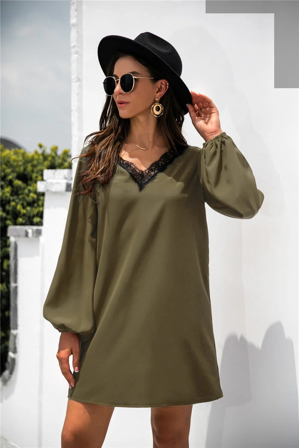 V Neck Lace Trim Dress - Image 19