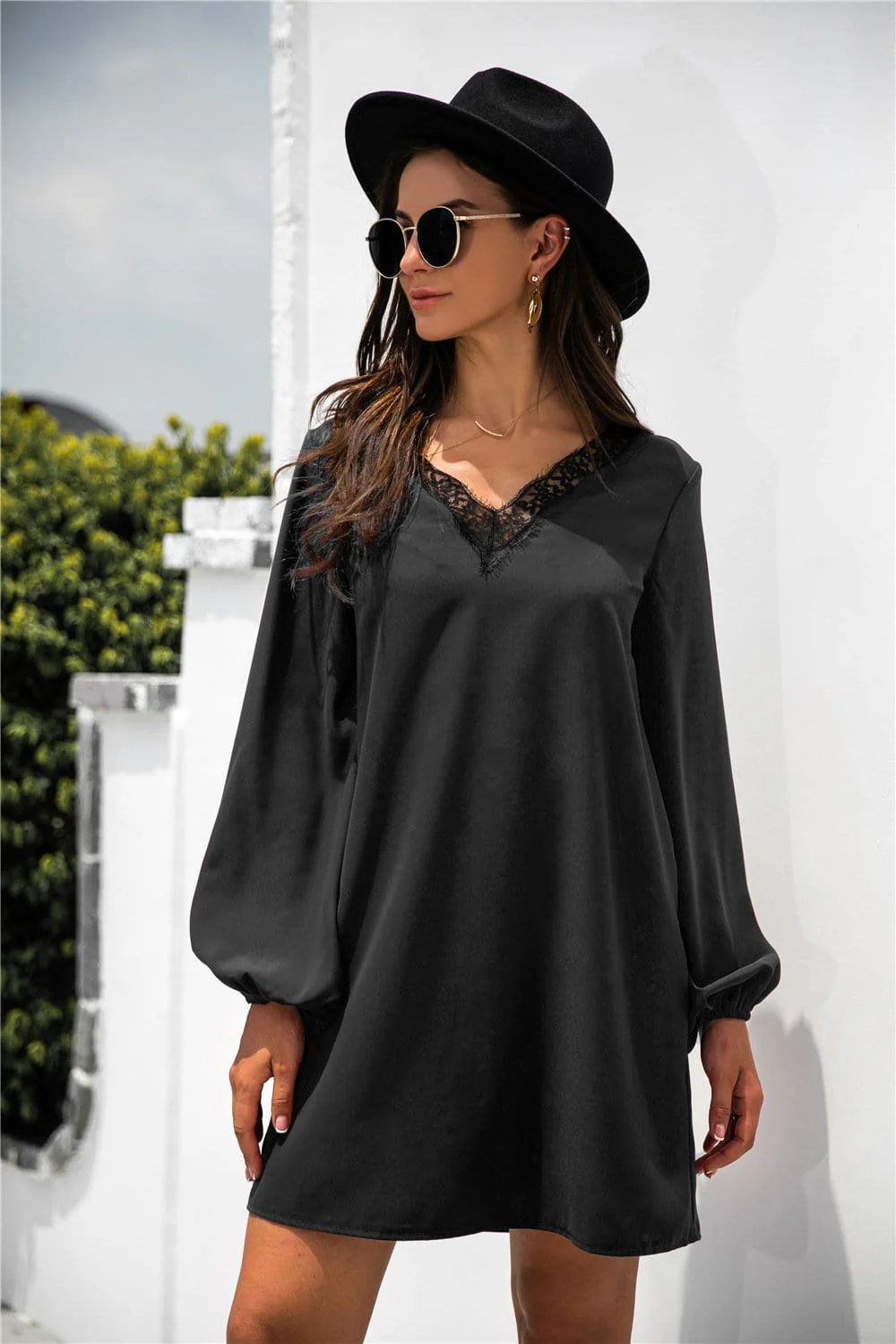 V Neck Lace Trim Dress - Image 9