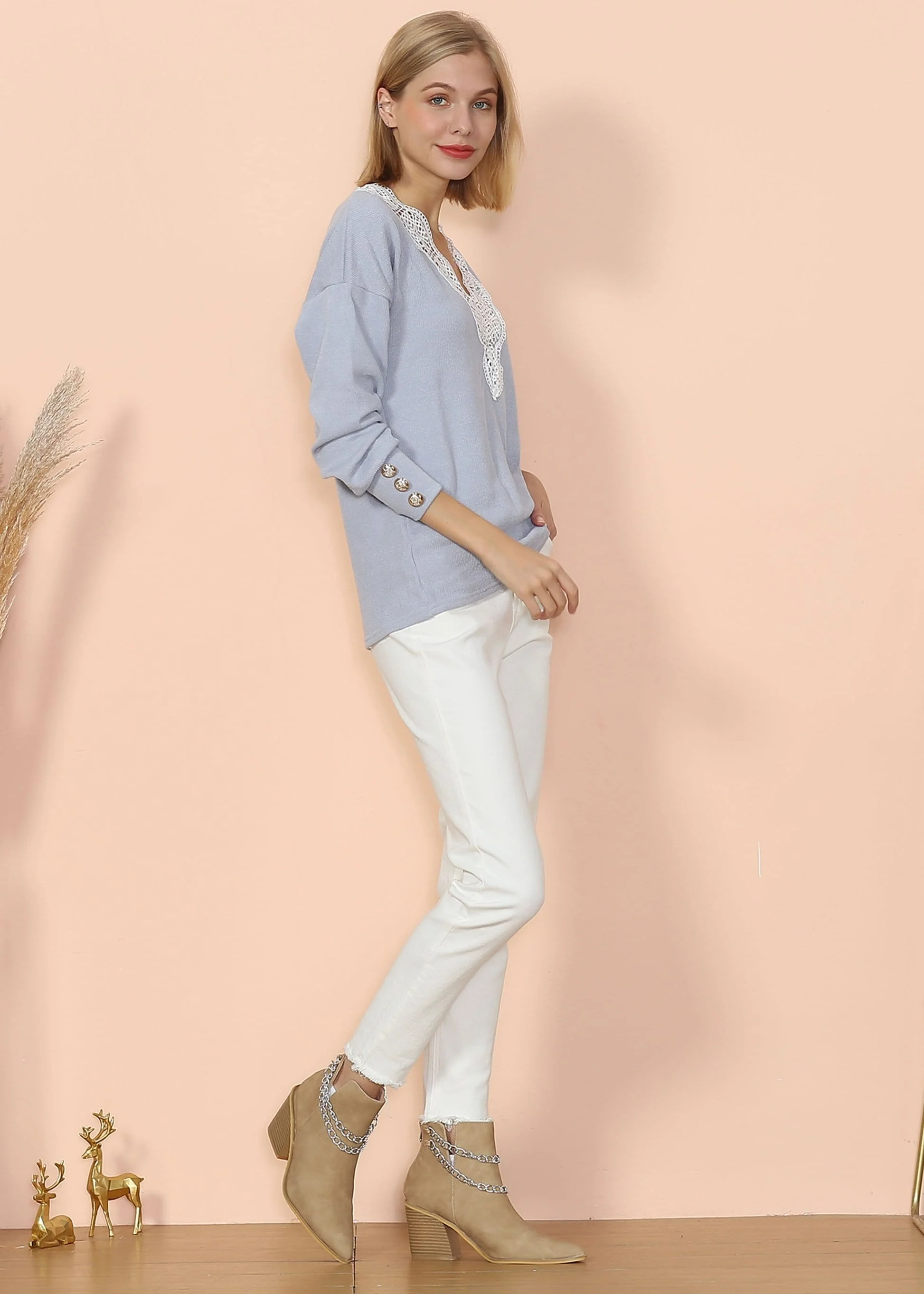 V Neck Lace Trim Sweater - Image 10
