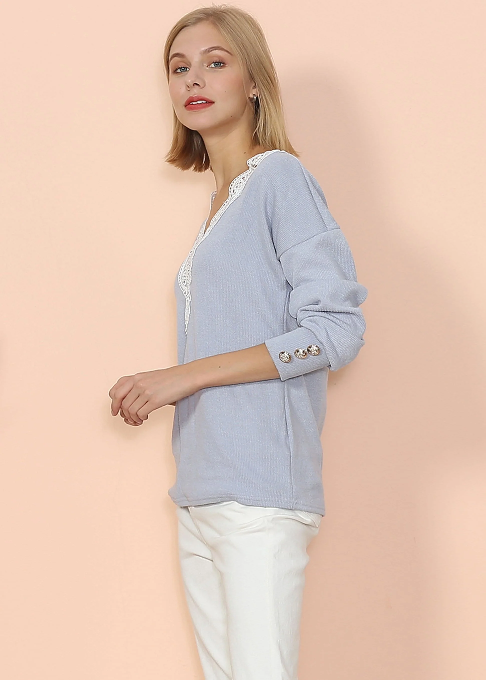 V Neck Lace Trim Sweater - Image 13