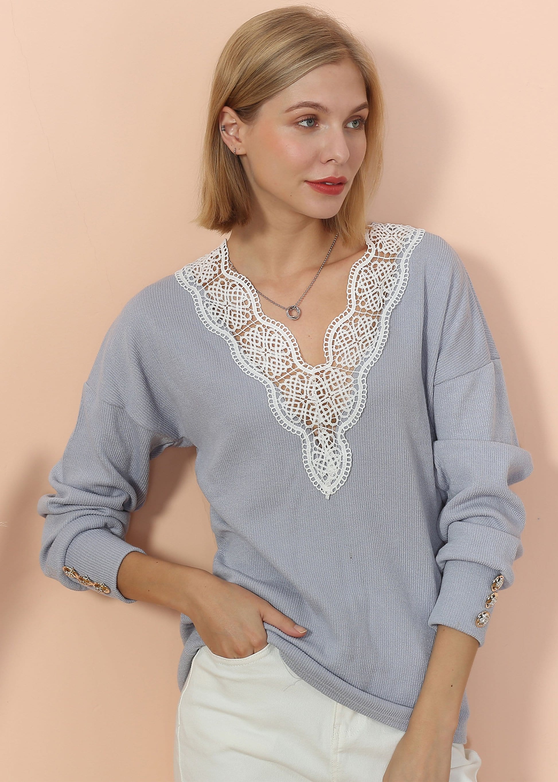 V Neck Lace Trim Sweater - Image 7