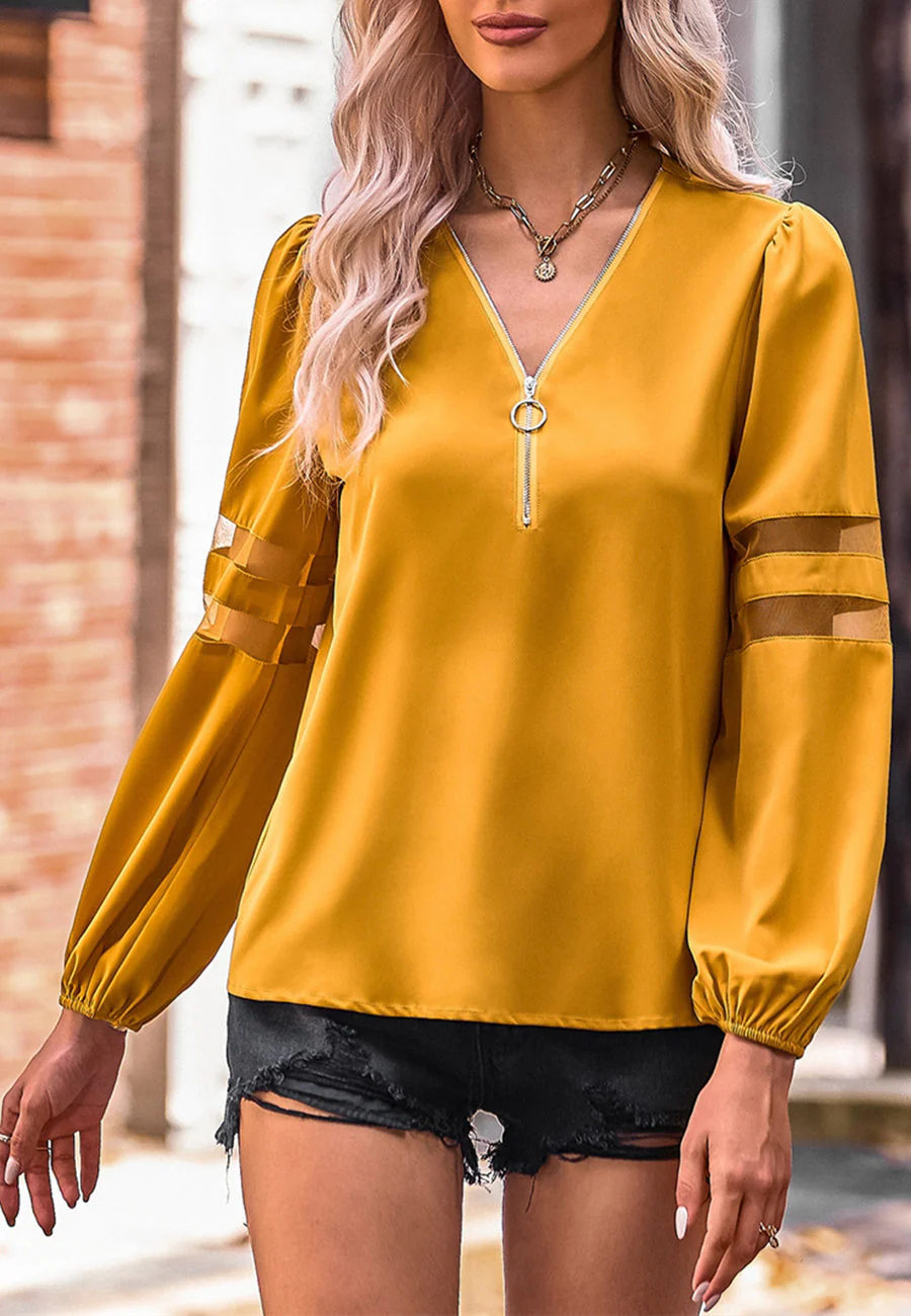 V Neck Mesh Sleeve Detail Blouse - Image 11