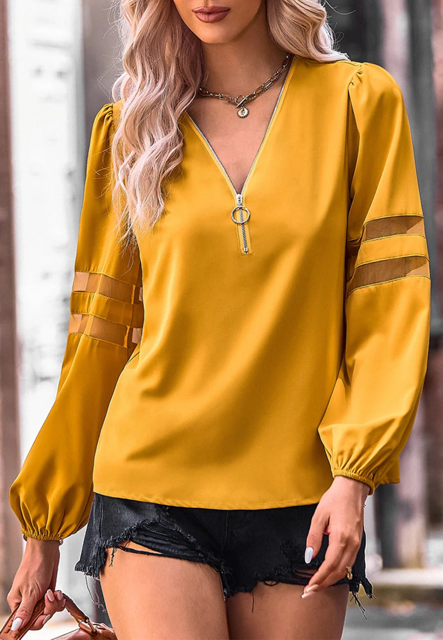 V Neck Mesh Sleeve Detail Blouse - Image 12