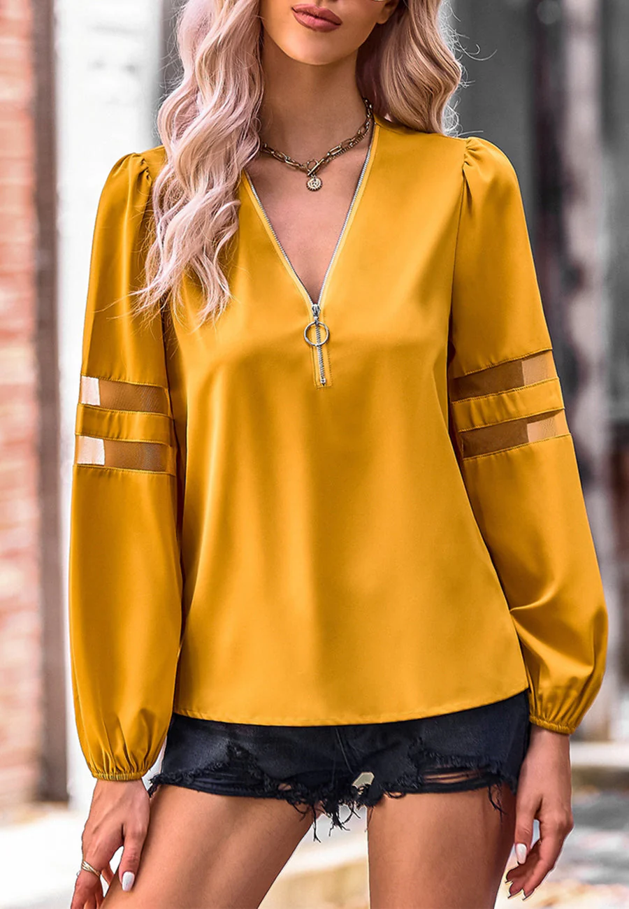 V Neck Mesh Sleeve Detail Blouse - Image 13
