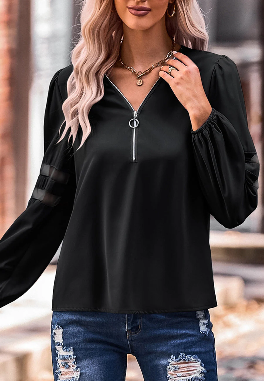 V Neck Mesh Sleeve Detail Blouse - Image 3