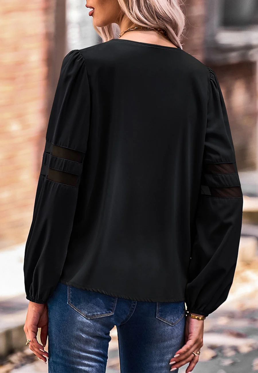 V Neck Mesh Sleeve Detail Blouse - Image 4