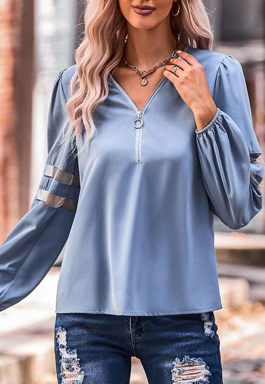 V Neck Mesh Sleeve Detail Blouse - Image 5