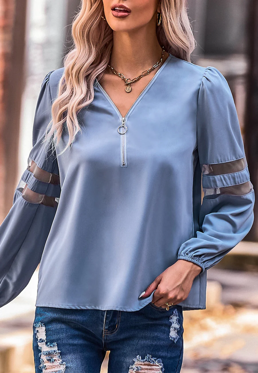 V Neck Mesh Sleeve Detail Blouse - Image 6