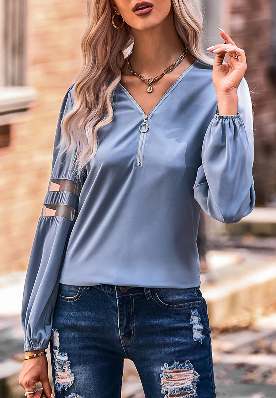 V Neck Mesh Sleeve Detail Blouse - Image 8