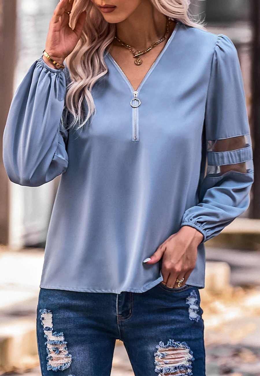 V Neck Mesh Sleeve Detail Blouse - Image 9