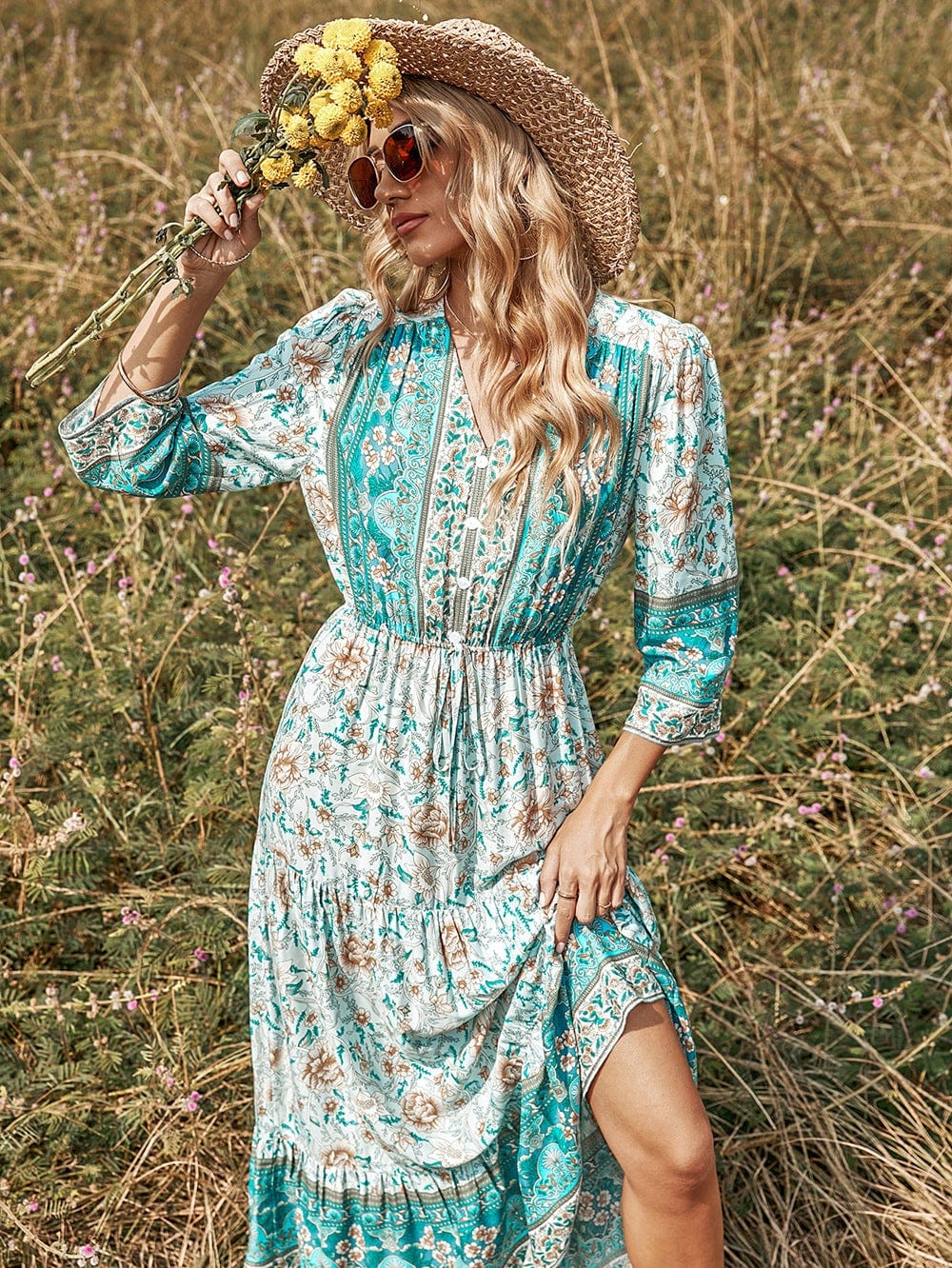 V Neck Multicolor Floral Boho Dress - Image 3