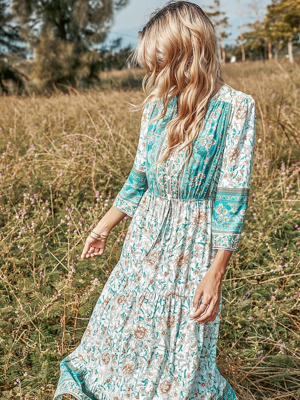 V Neck Multicolor Floral Boho Dress - Image 4