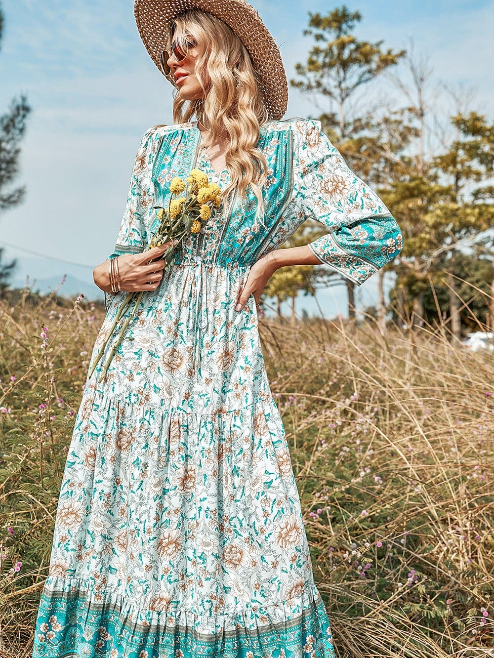 V Neck Multicolor Floral Boho Dress - Image 5