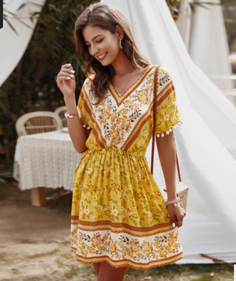 V-Neck Printed Gathered Dress - Image 2