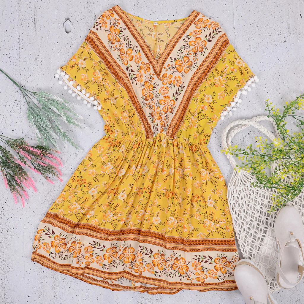 V-Neck Printed Gathered Dress - Image 3