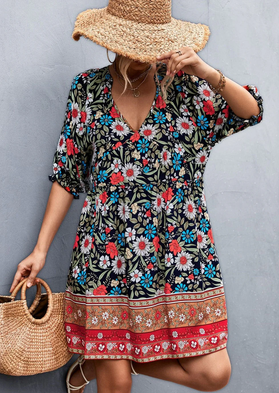 V Neck Puff Sleeve Dress - Image 2
