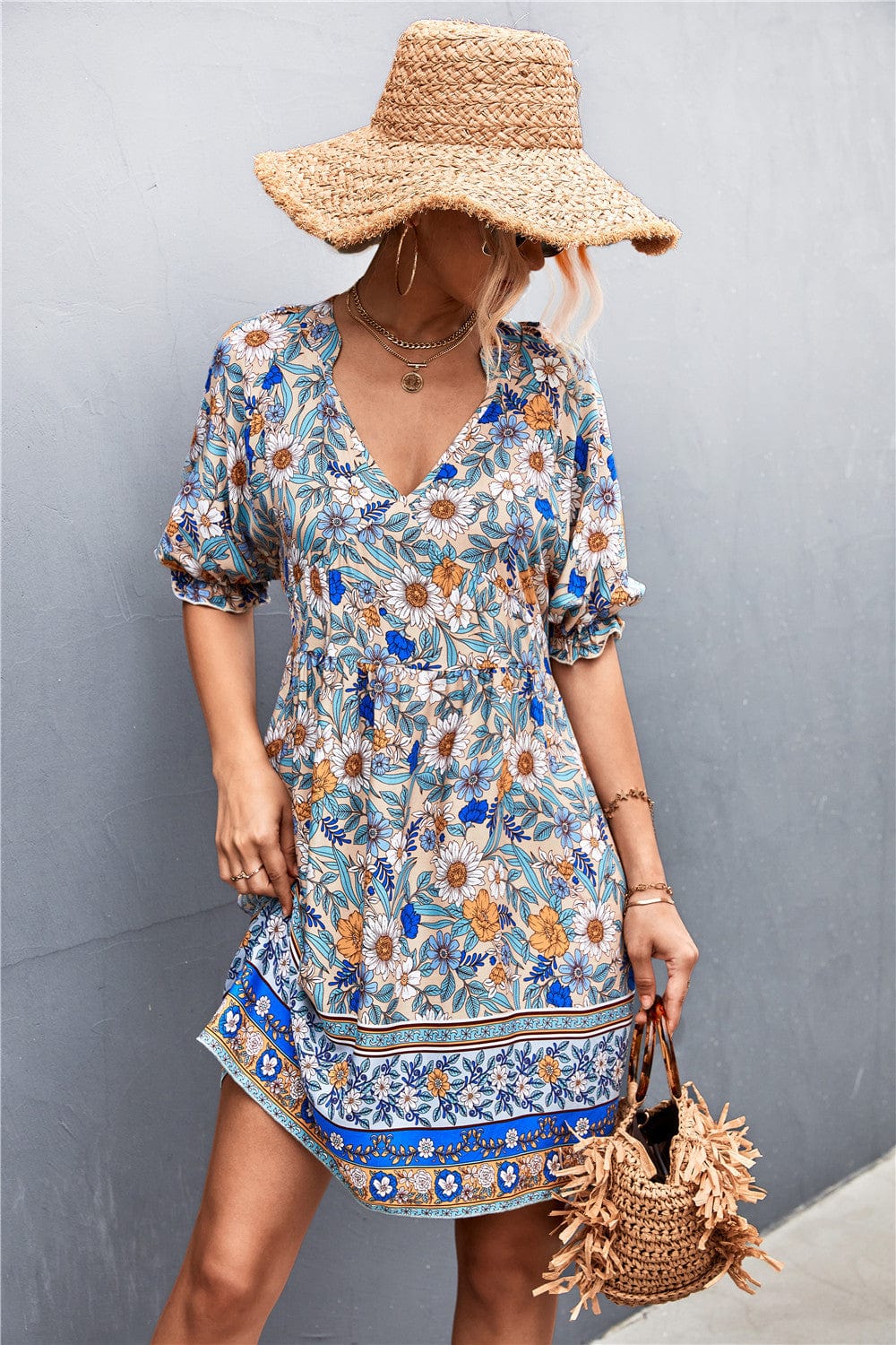 V Neck Puff Sleeve Dress - Image 7