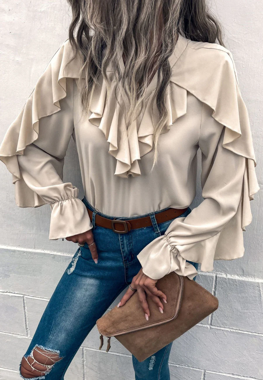 V Neck Ruffle Detail Vintage Blouse - Image 15