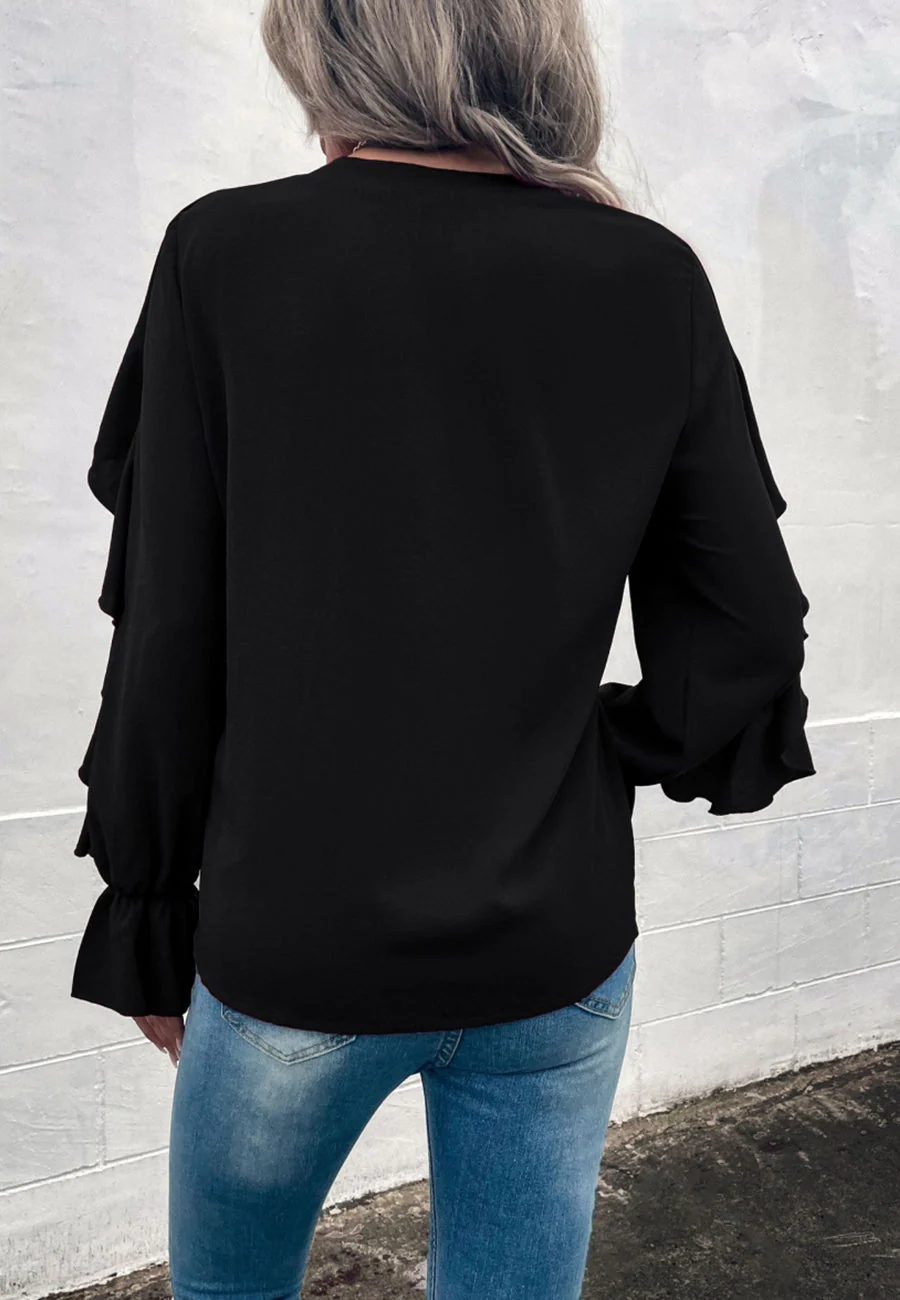V Neck Ruffle Detail Vintage Blouse - Image 6