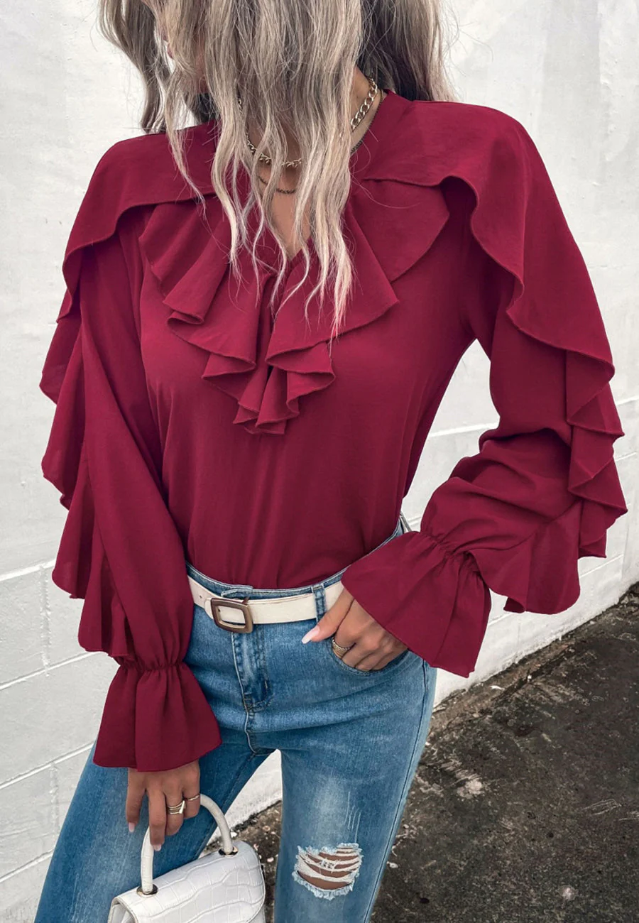 V Neck Ruffle Detail Vintage Blouse - Image 8