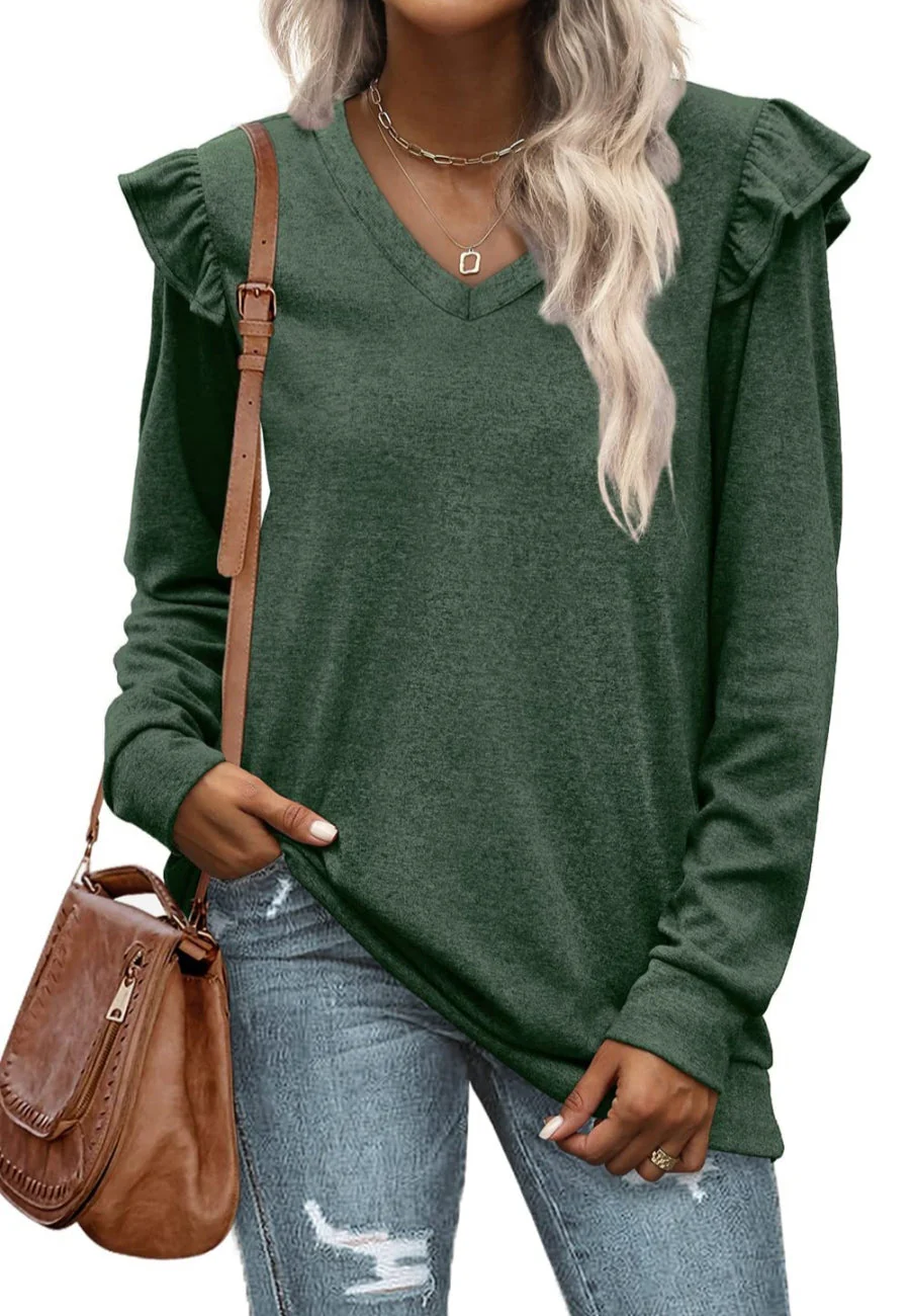V Neck Ruffle Shoulder Sweater - Image 11