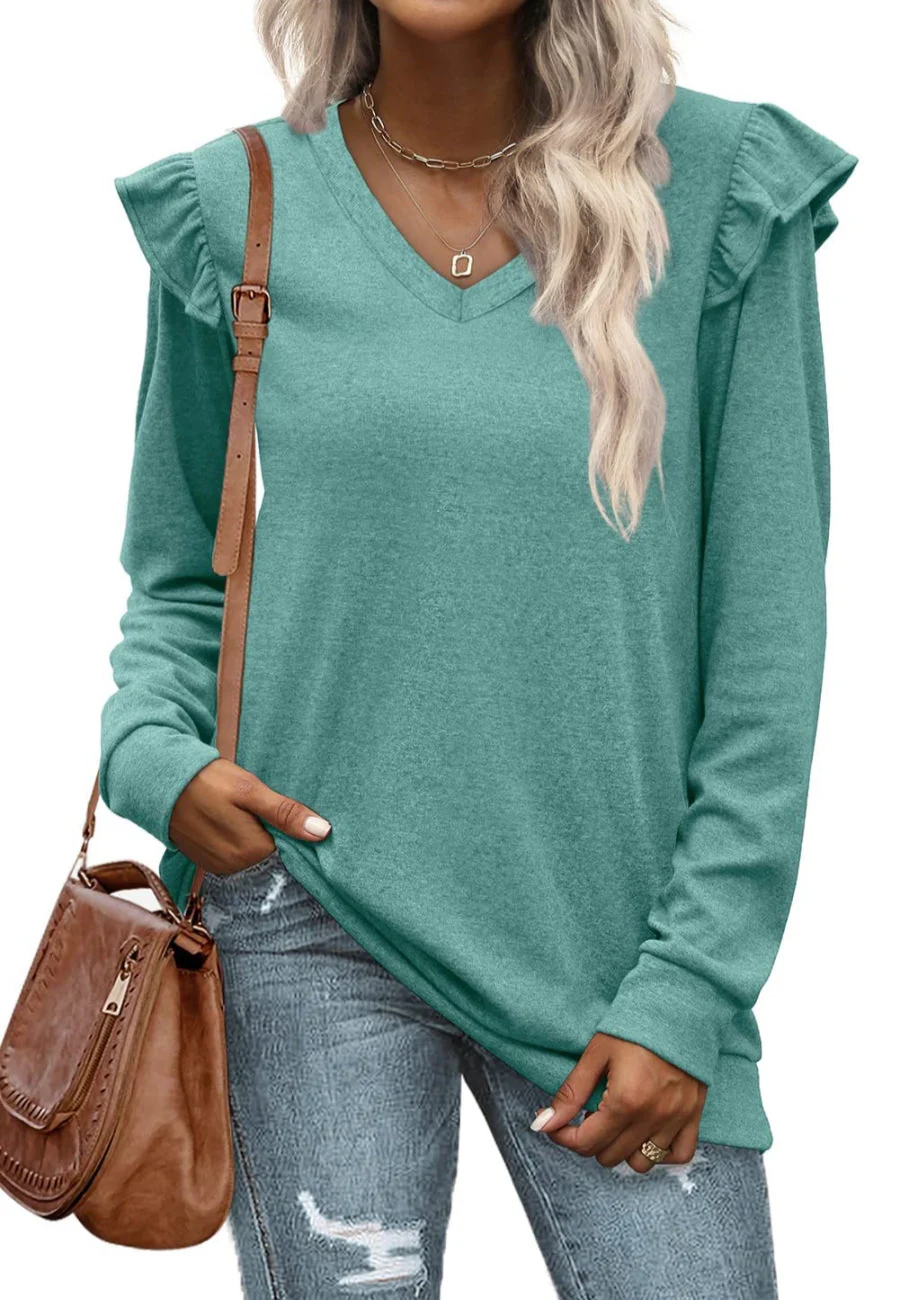 V Neck Ruffle Shoulder Sweater - Image 16