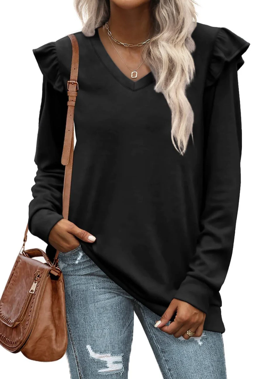 V Neck Ruffle Shoulder Sweater - Image 2