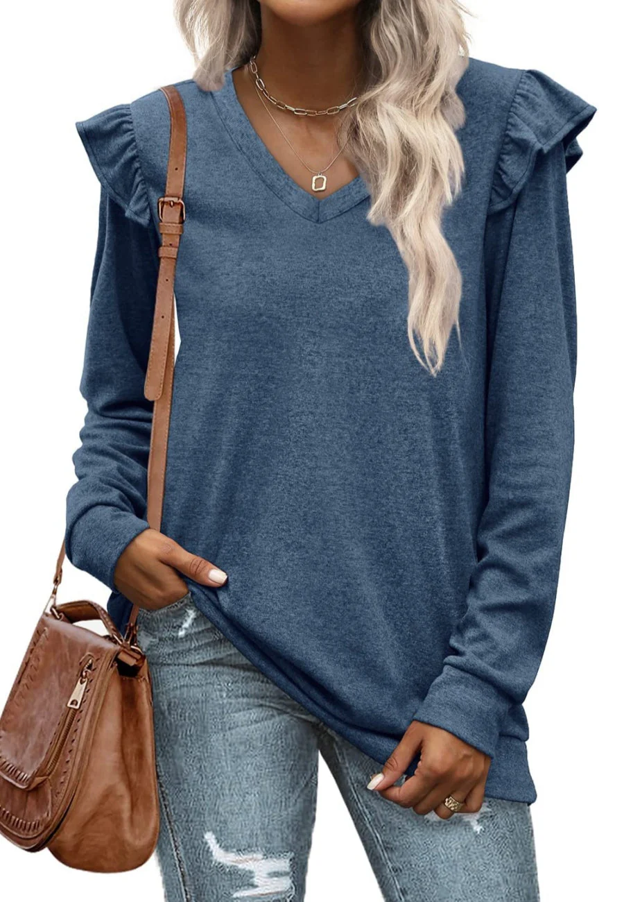 V Neck Ruffle Shoulder Sweater - Image 4