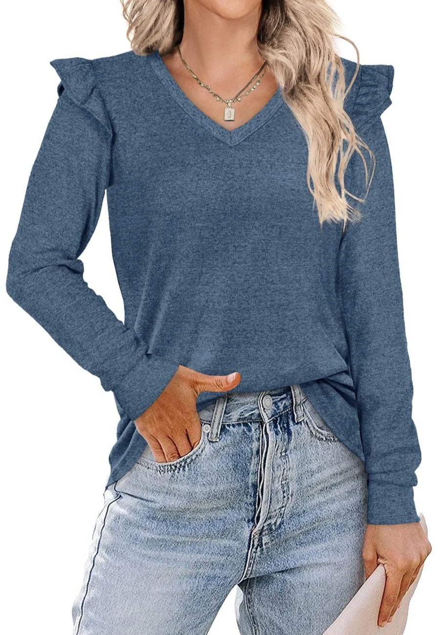 V Neck Ruffle Shoulder Sweater - Image 5