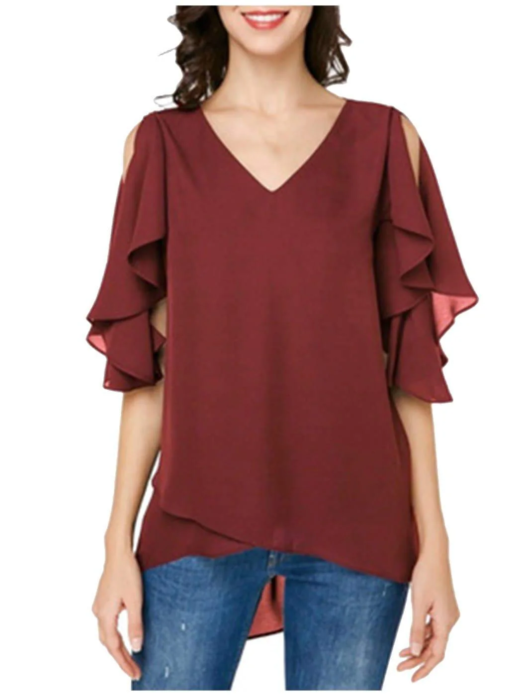 V-neck Ruffle Sleeve Chiffon Top - Image 6