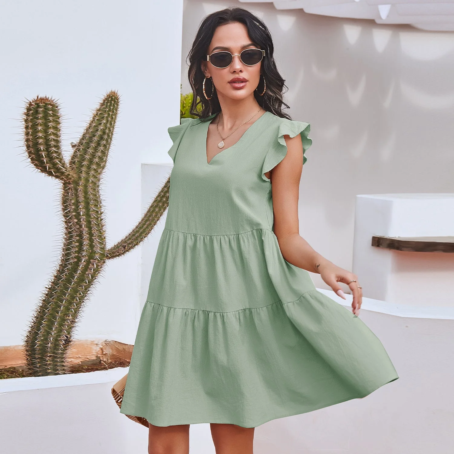 V Neck Ruffle Sleeve Dress - Image 2