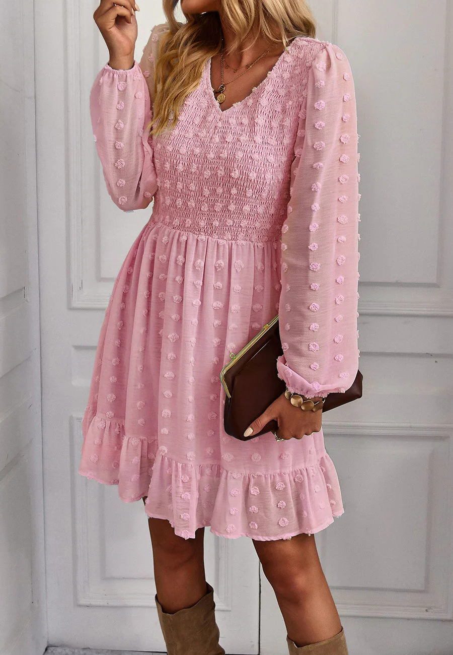 V Neck Shirred Swiss Dot Dress - Image 15