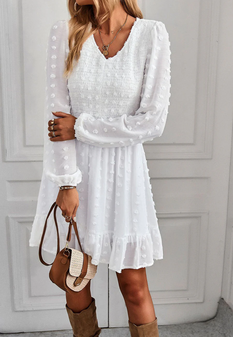 V Neck Shirred Swiss Dot Dress - Image 20