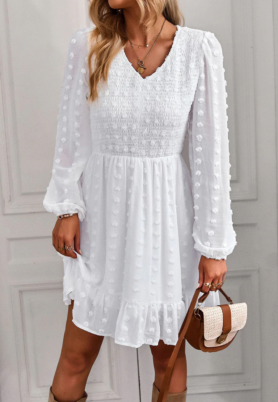 V Neck Shirred Swiss Dot Dress - Image 21