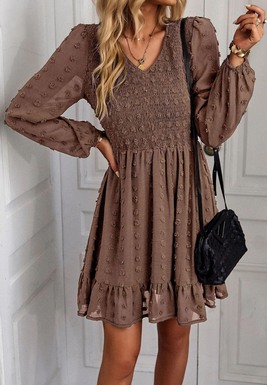 V Neck Shirred Swiss Dot Dress - Image 6