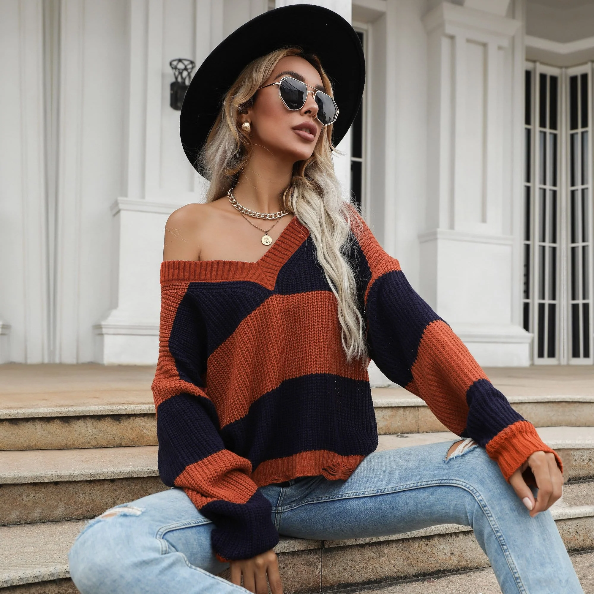 V Neck Striped Fall Sweater - Image 2