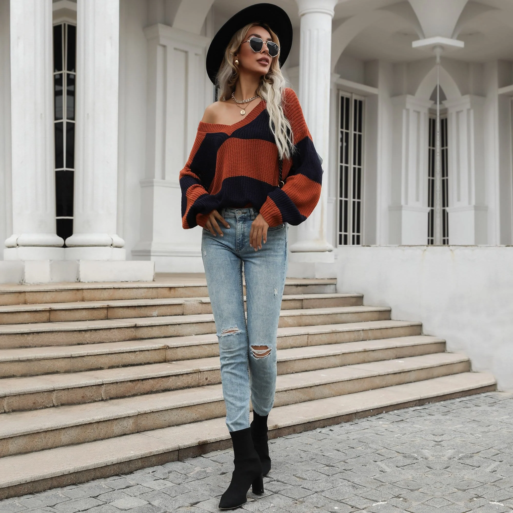 V Neck Striped Fall Sweater - Image 3